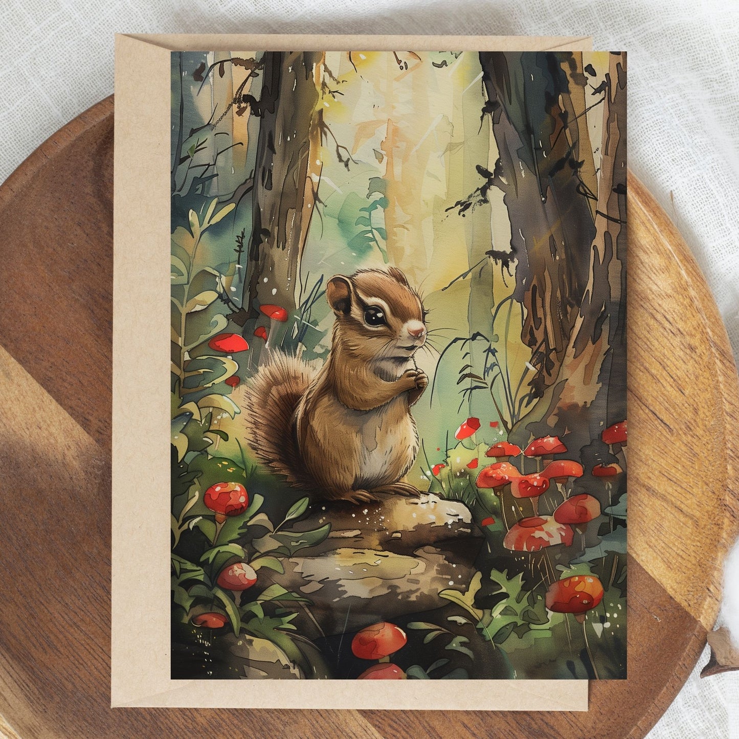 greeting card of a curious chipmunk discovering the secrets of a forest,