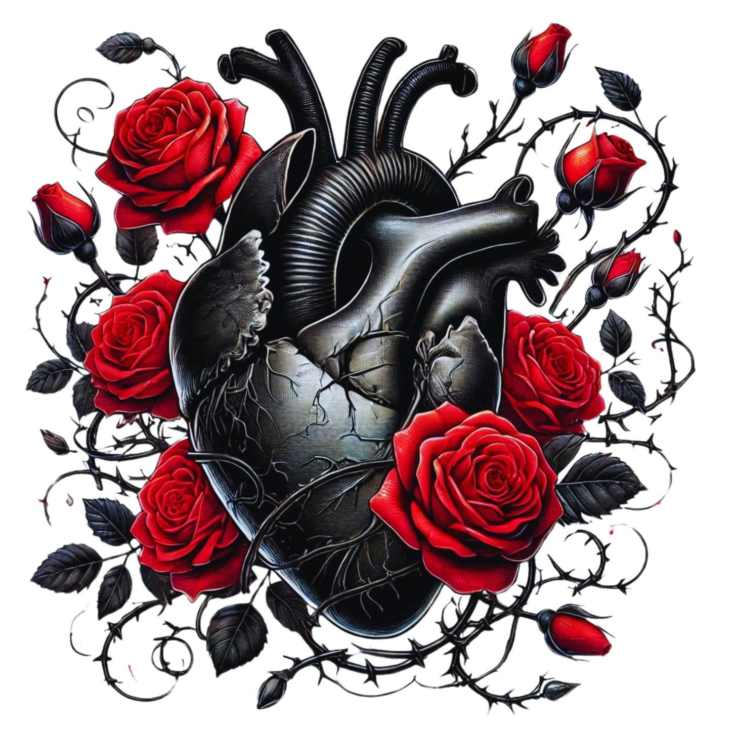 black heart with red roses