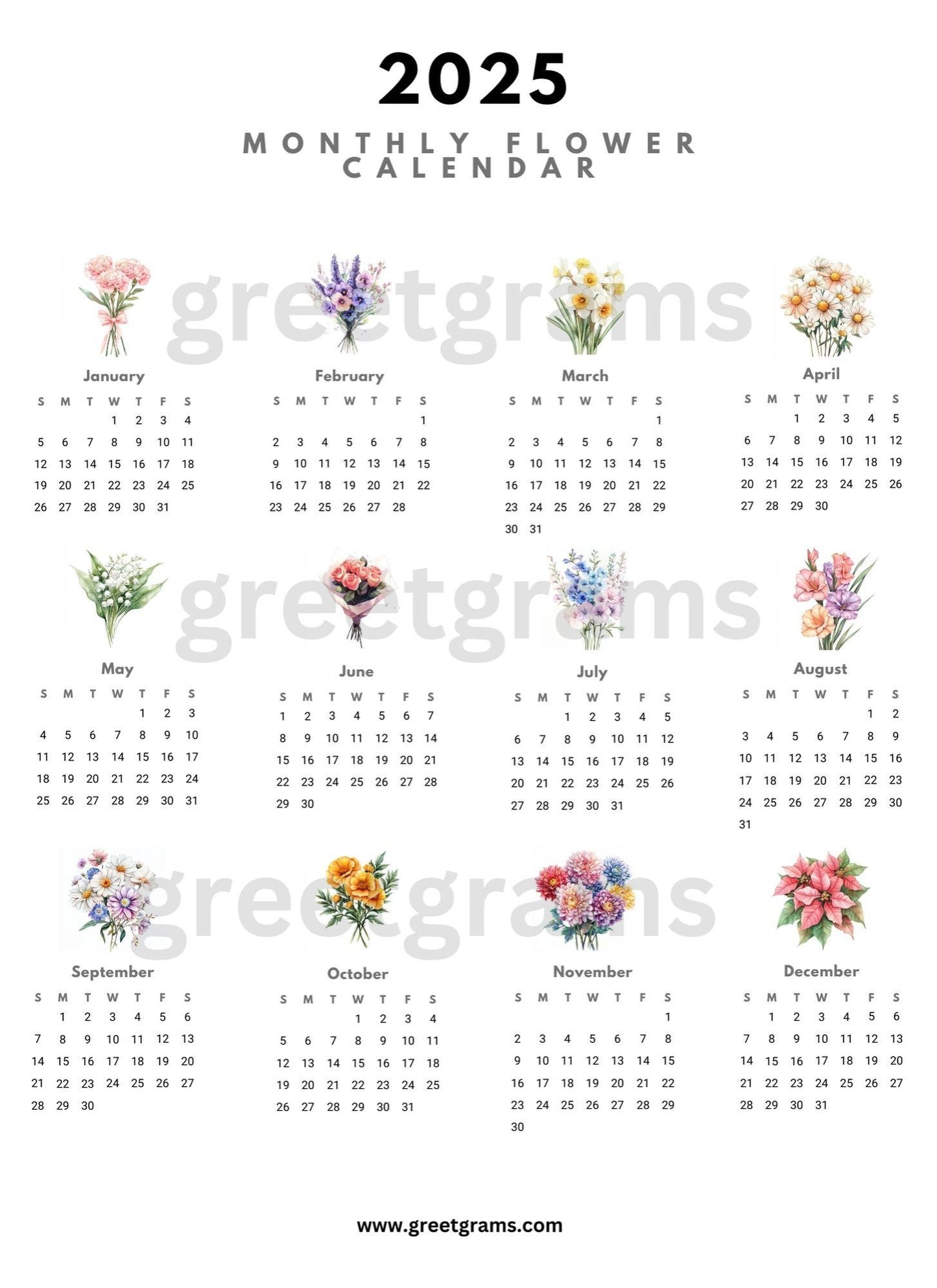 a calendar with different types of flowers