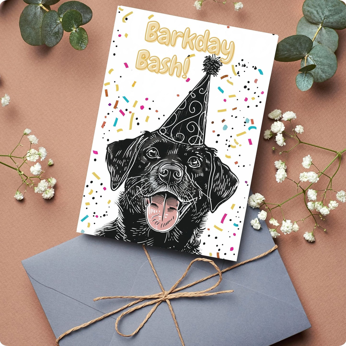 Black Dog wearing black hat for birthday party