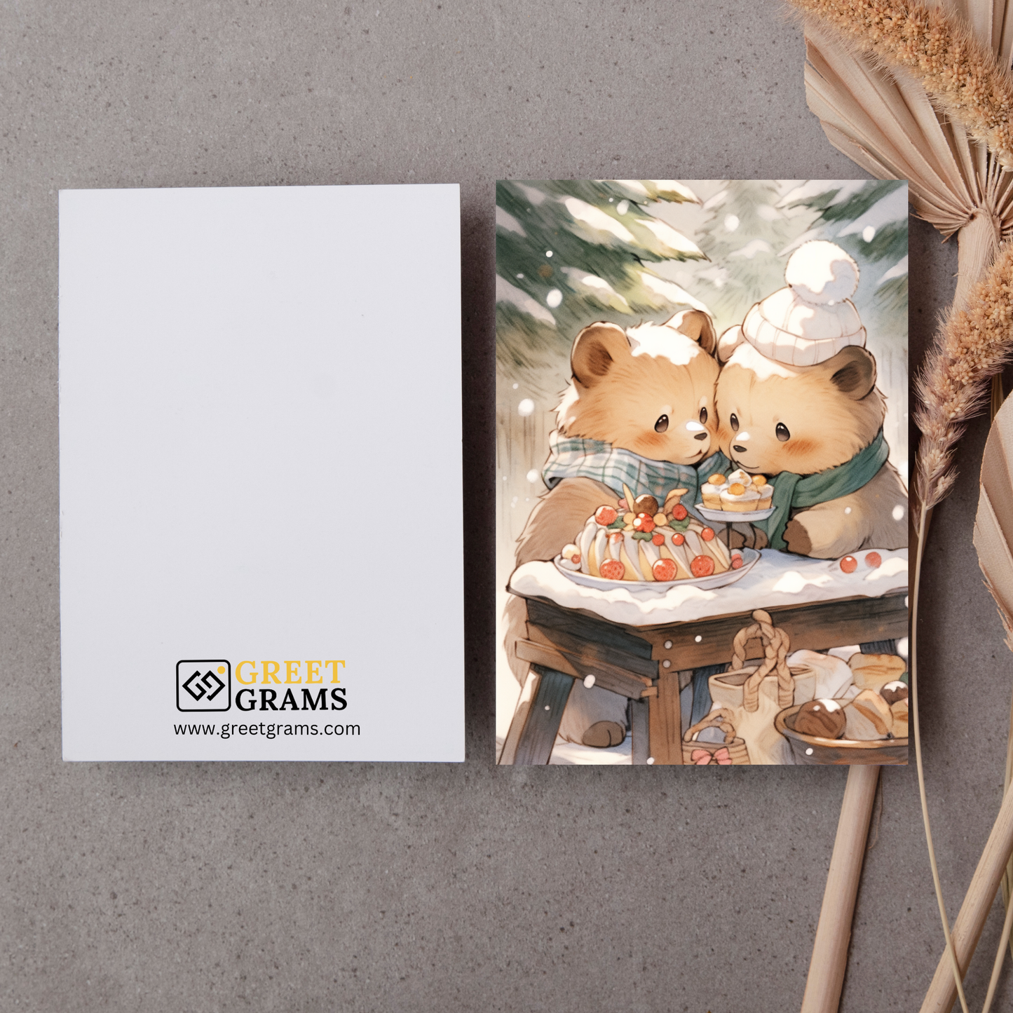 greeting card of Bears eating a piece of cake in grey background