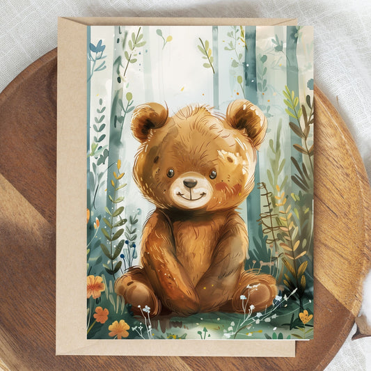 greeting card of a brown bear in forest