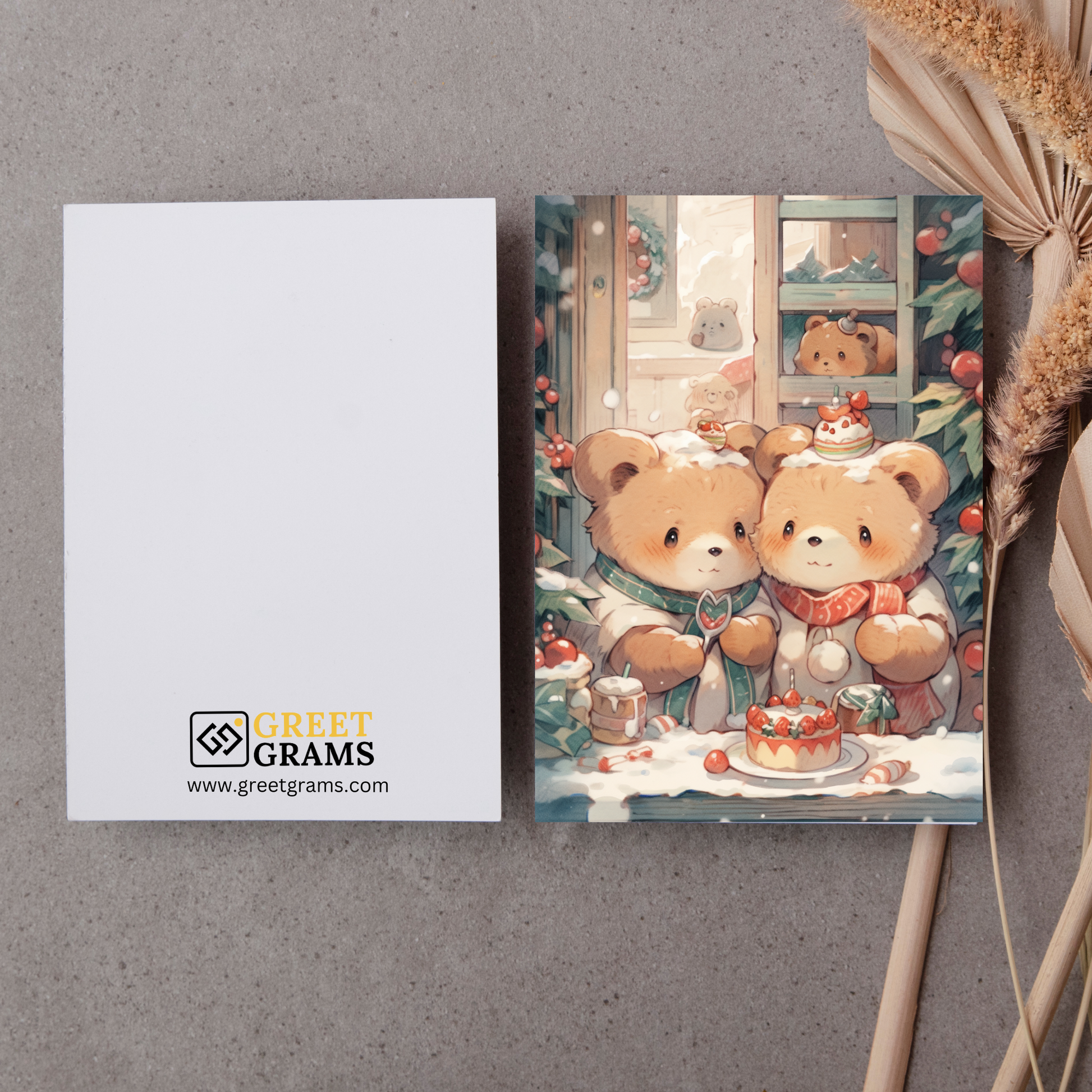 greeting card of Two bears celebrating Christmas together  in dark grey background