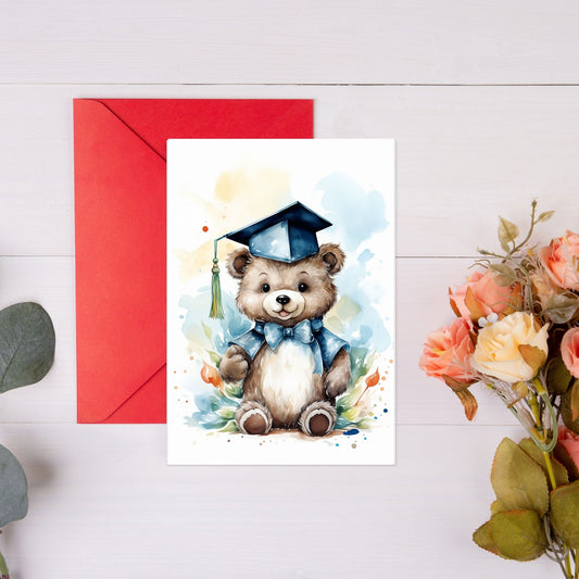 Graduation Card Sowing bear wearing blue cap and hat 