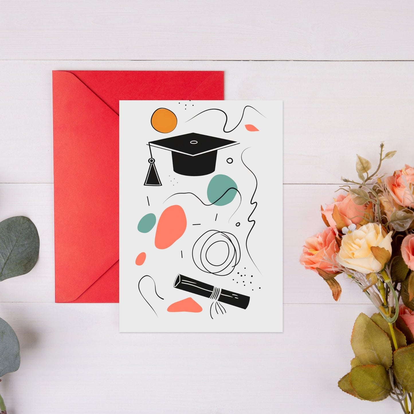 Graduation card showing graduation cap and certificate with doodles.