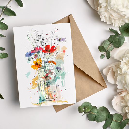 greeting card of a vibrant flowers in  mason jar 