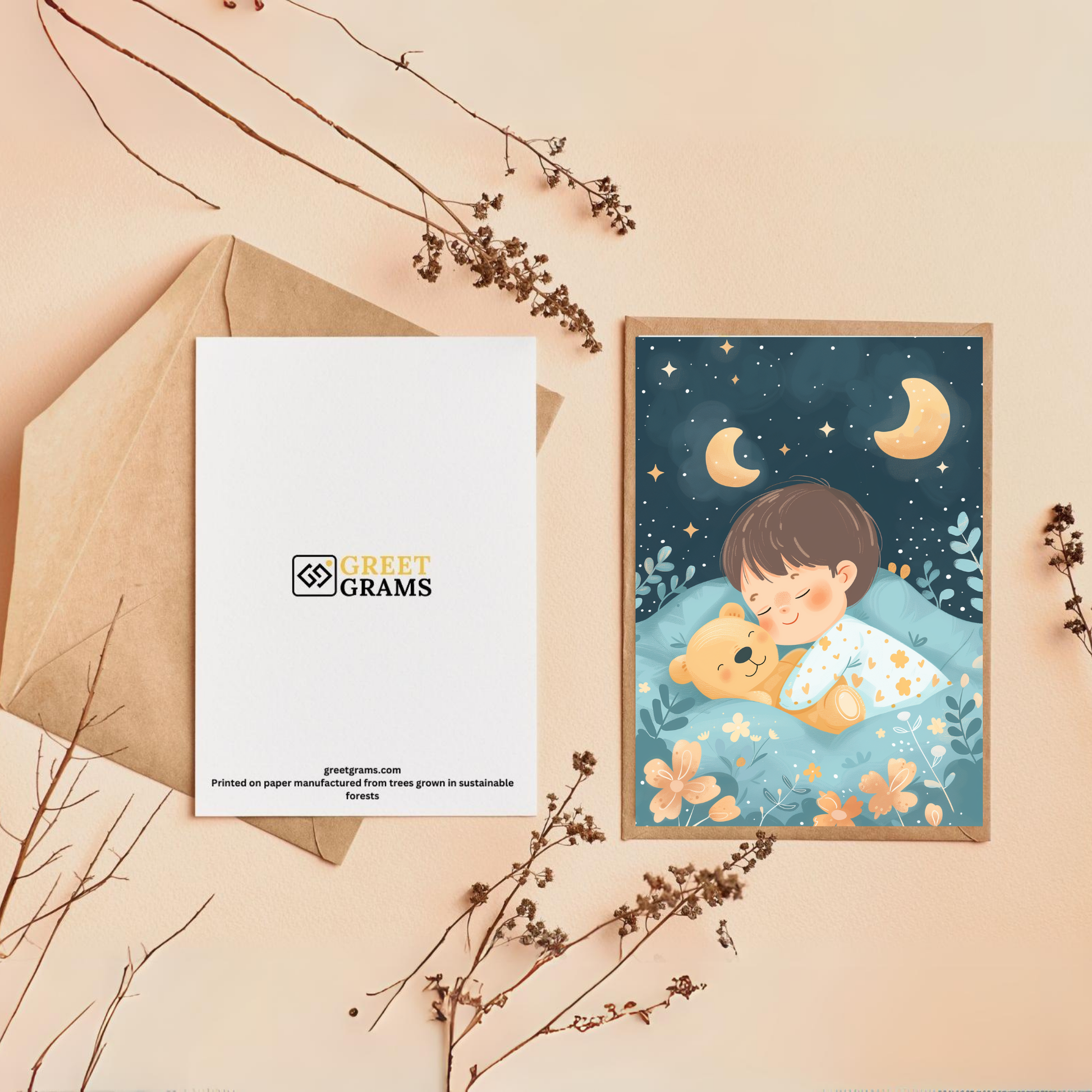 greeting card of A baby and bear sleeping under the stars