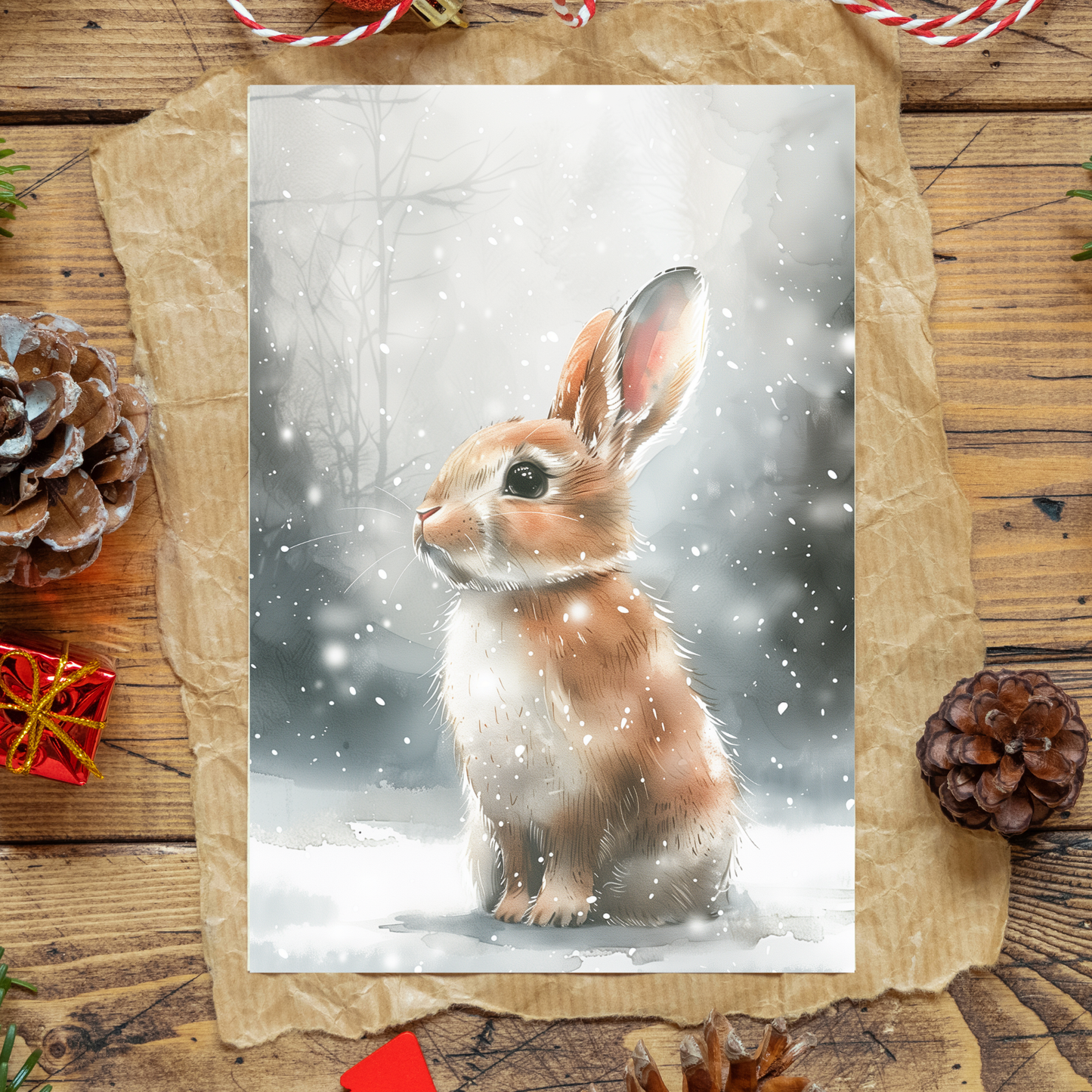 greeting card of a bunny enjoying the snowy landscape