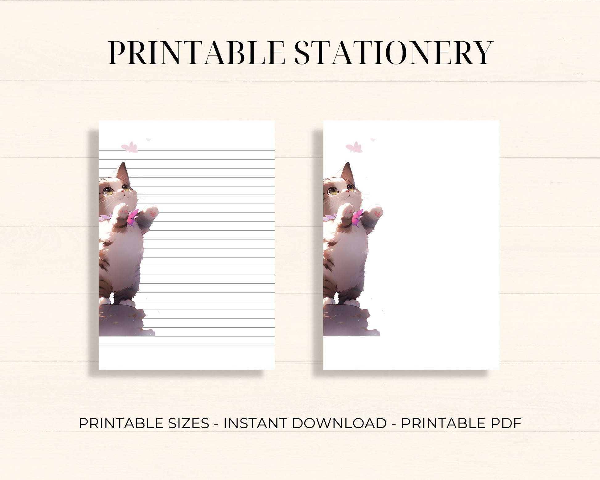 Cat and Butterflies Stationery card in Printable size