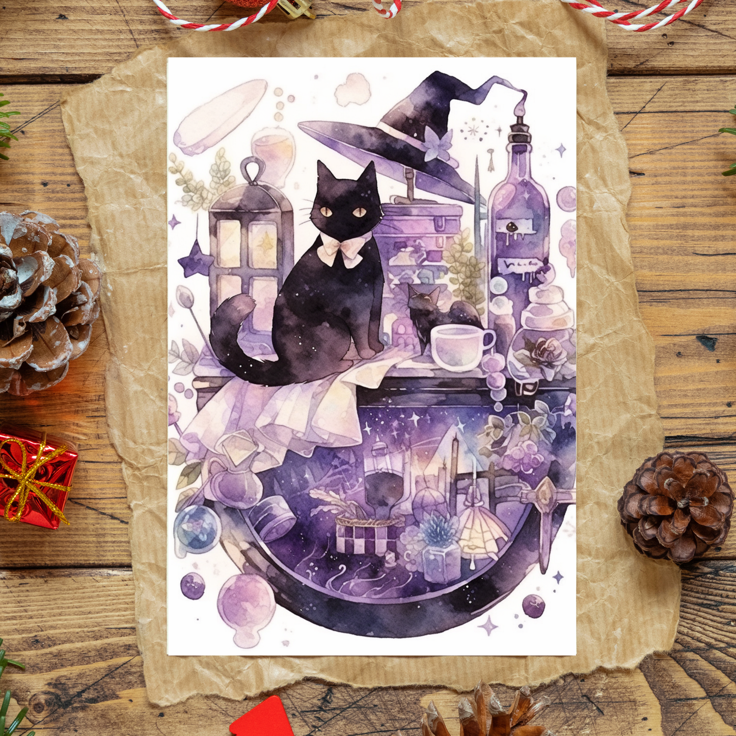 greeting card of a cat creating magic in a witch's lab