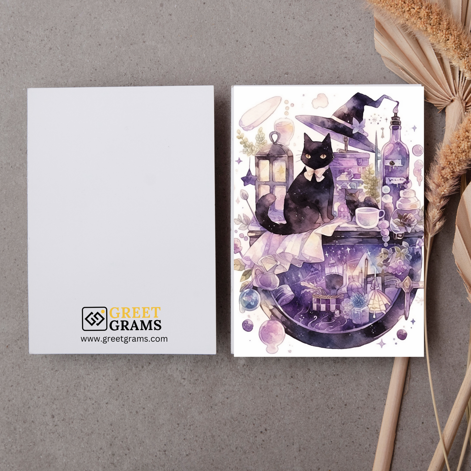 greeting card of a cat creating magic in a witch's lab in grey background