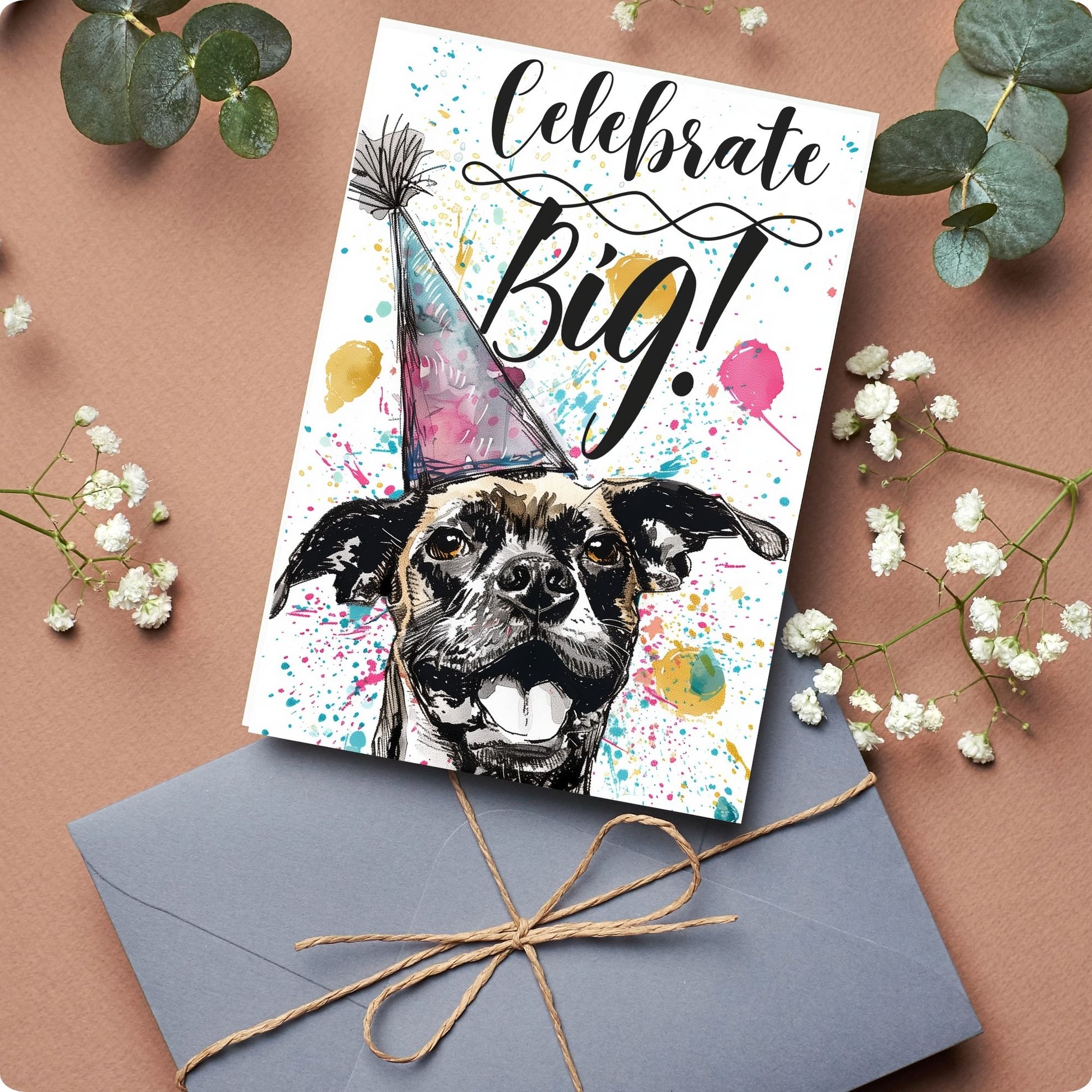 Celebrate Big Birthday Card card showing black dog wearing part hat