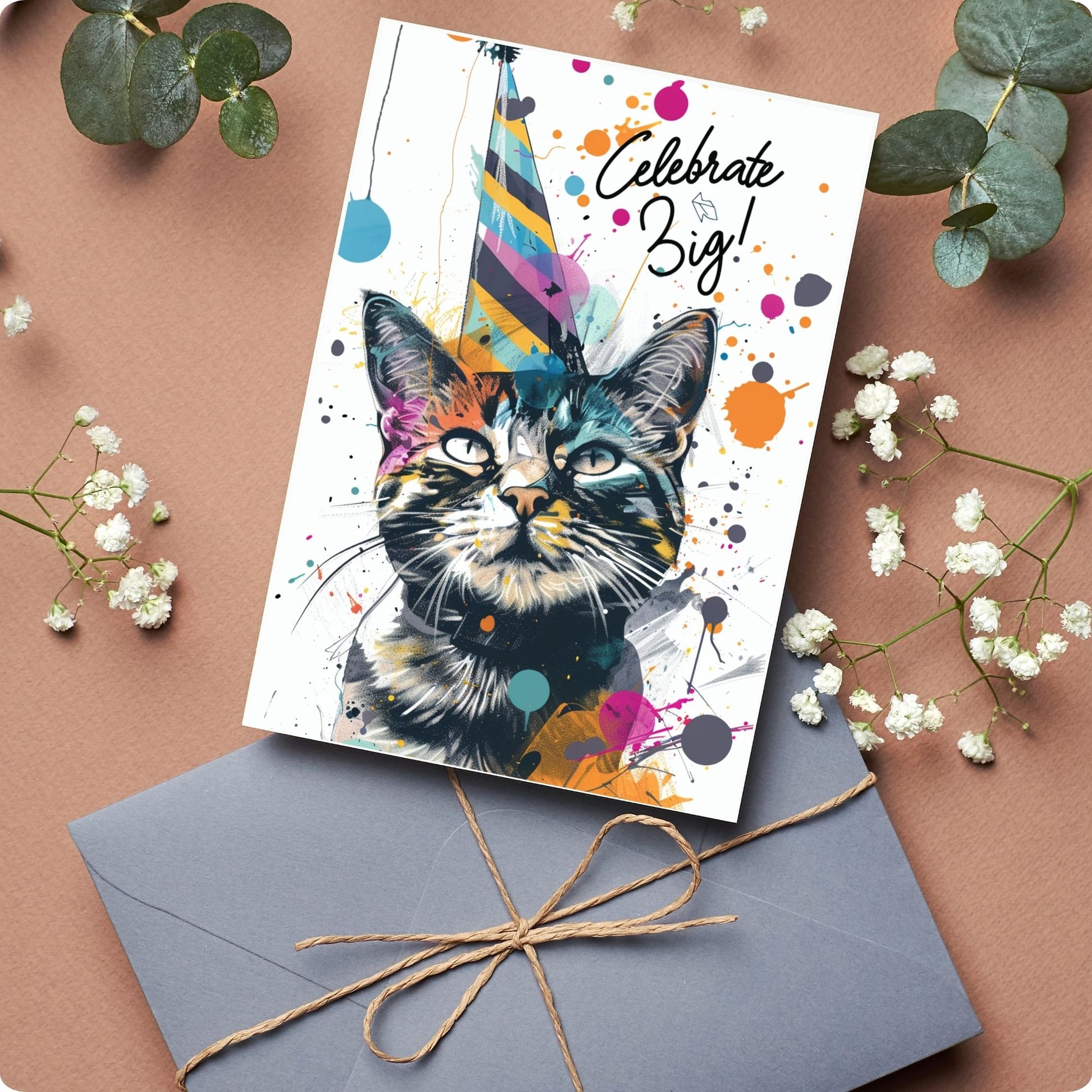 Happy birthday card showing cat wearing  birthday cap