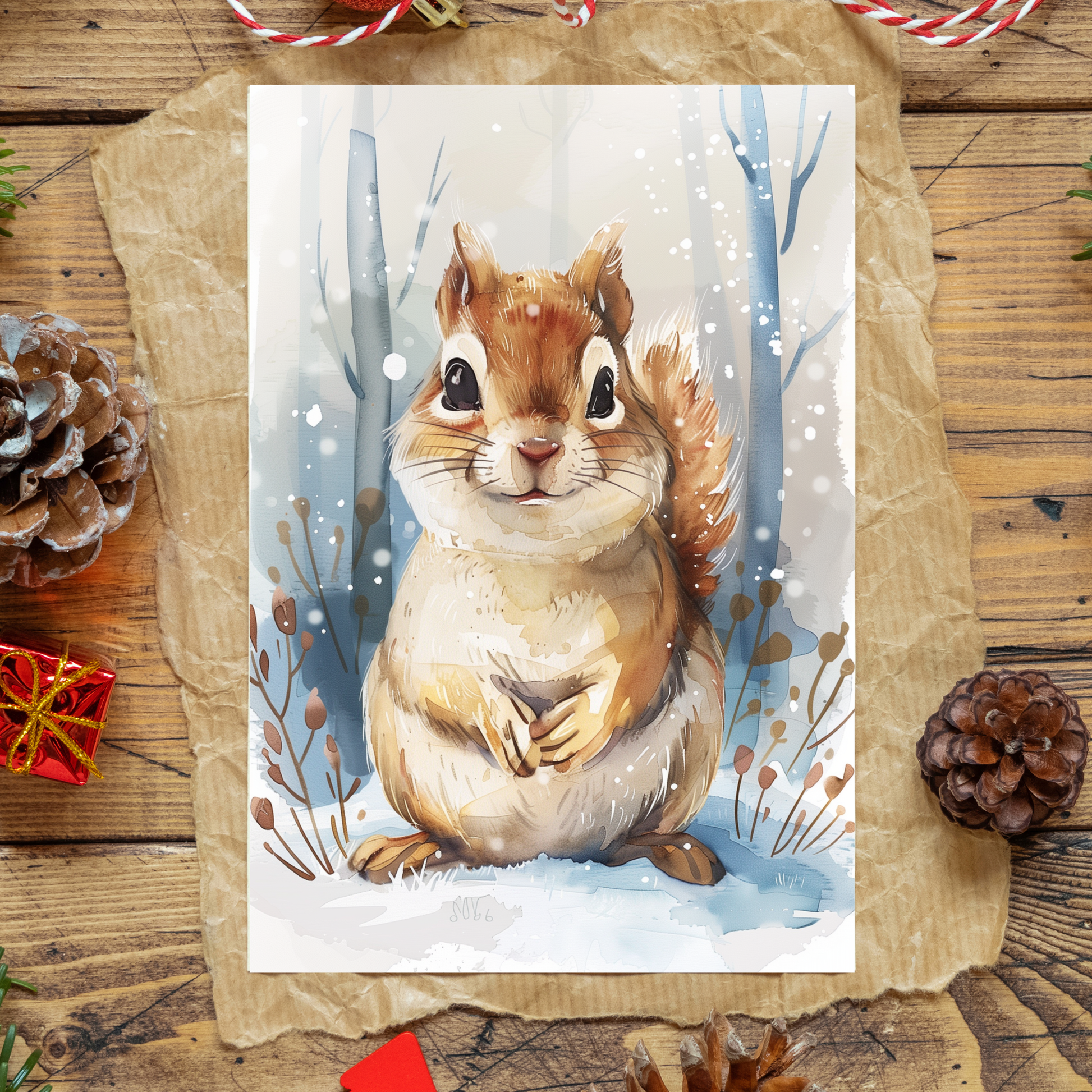 greeting card of a Chipmunk's Cheer in snow forest