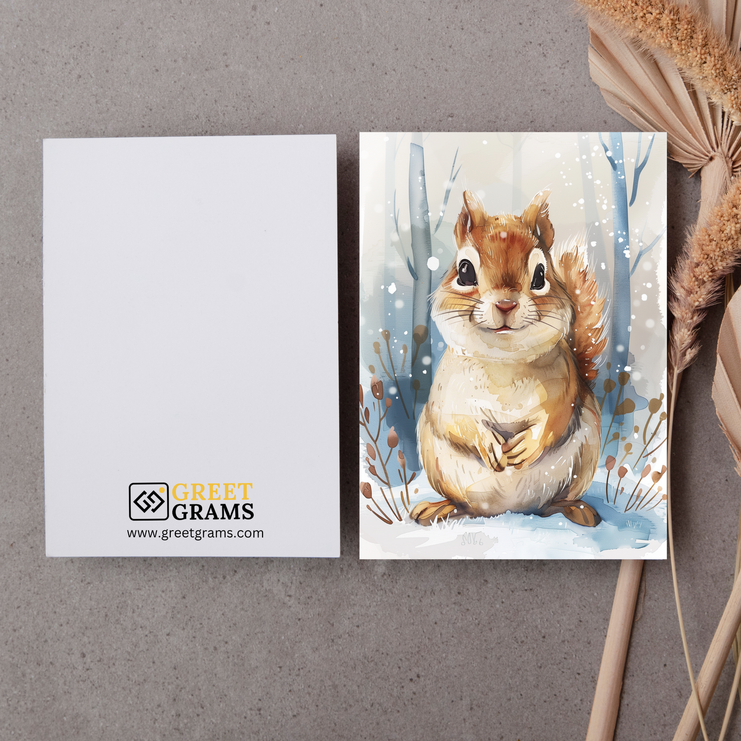 greeting card of a Chipmunk's Cheer in snow forest in the grey background