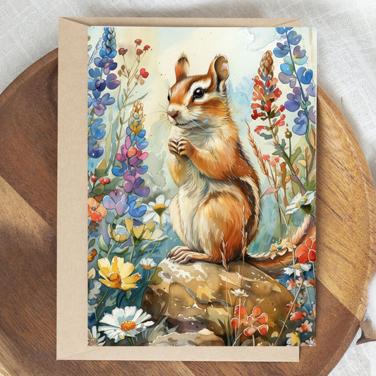 greeting card of a  Chipmunk's marvelling at the enchanted forest