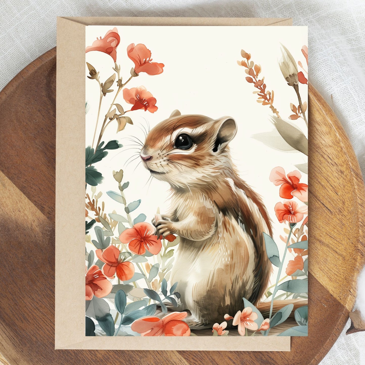 greeting card of a chipmunk exploring the tropical paradise.