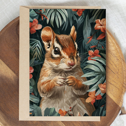 greeting card of a chipmunk in the forest