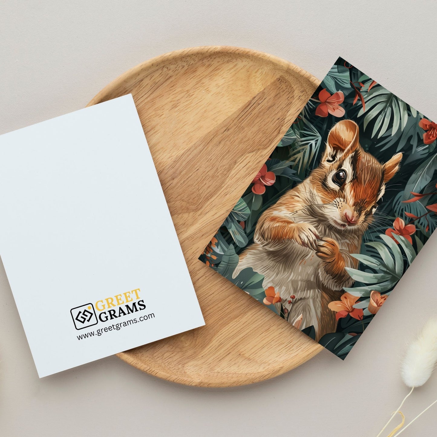 greeting card of a chipmunk in the forest in gray background