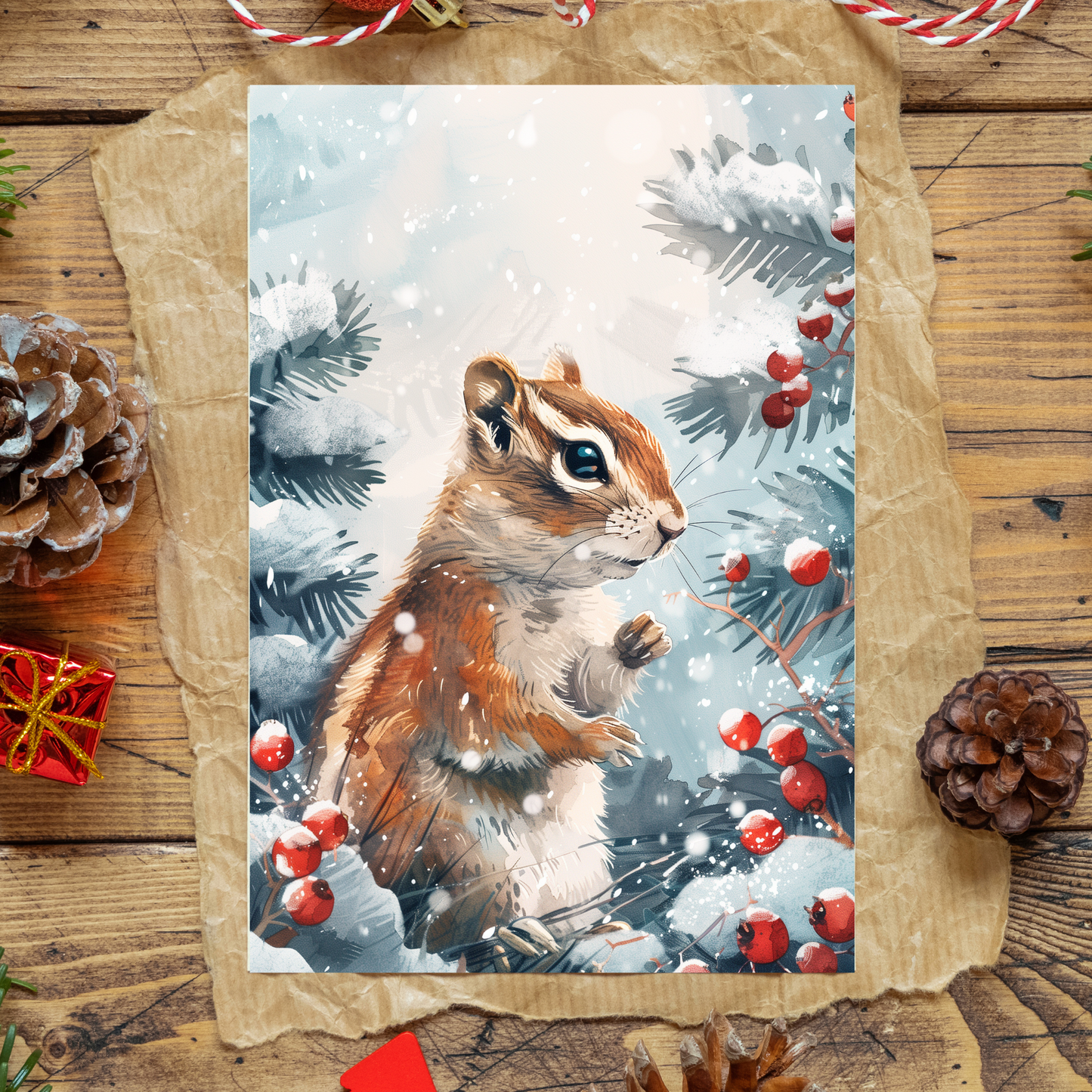 greeting card of a chipmunk exploring the winter wonderland