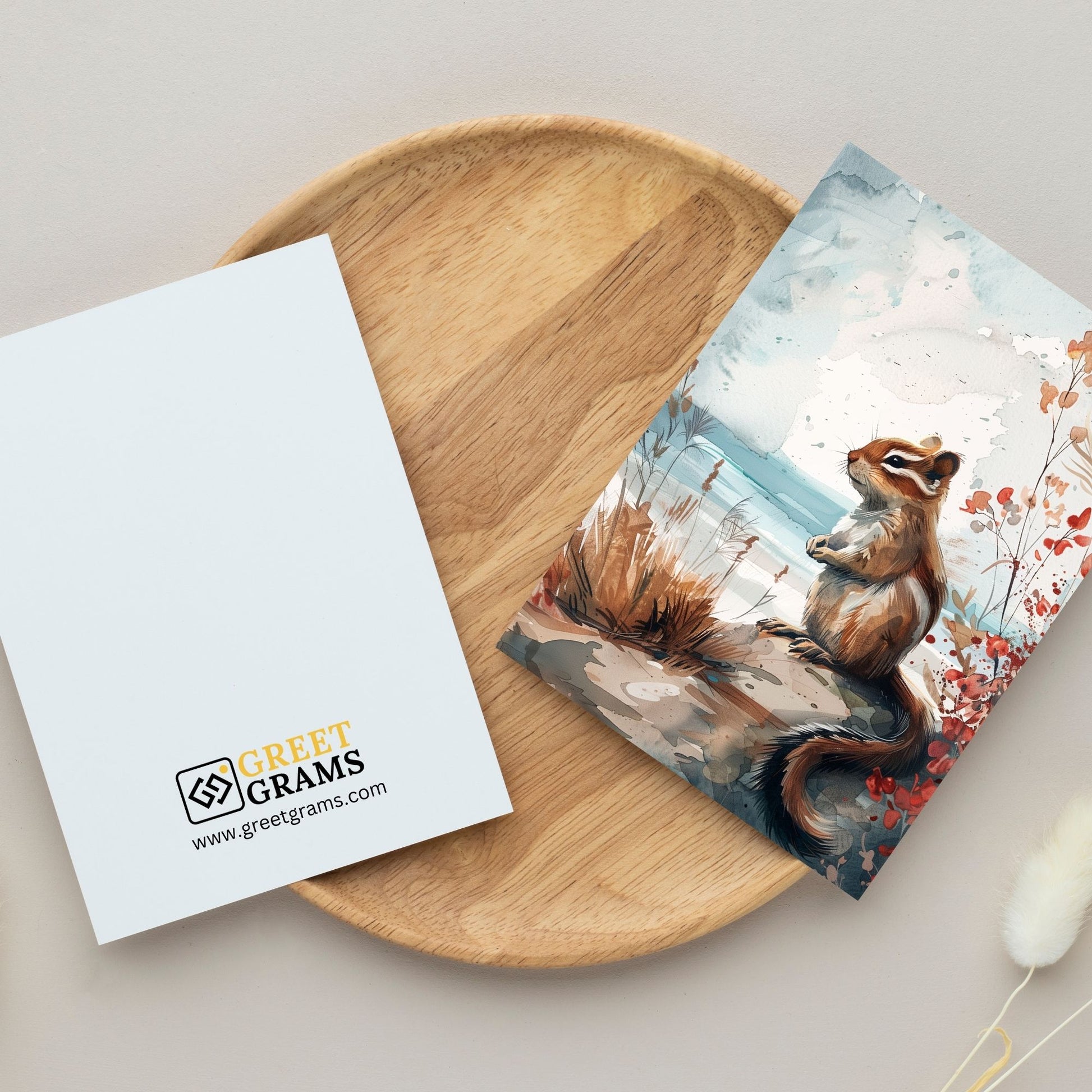 greeting card of a  chipmunk enjoying the seaside retreat  in grey background