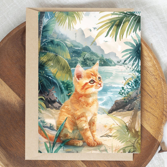 greeting card of a Kitten sitting at the beautiful seaside corner