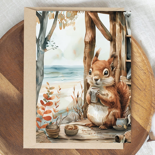 greeting card of a squirrel exploring the beauty of a seaside