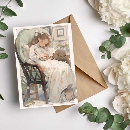 greeting card of a girl sleeping in a cozy environment.