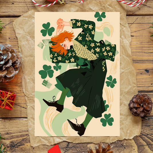 greeting card of a  female leprechaun Lass dancing 