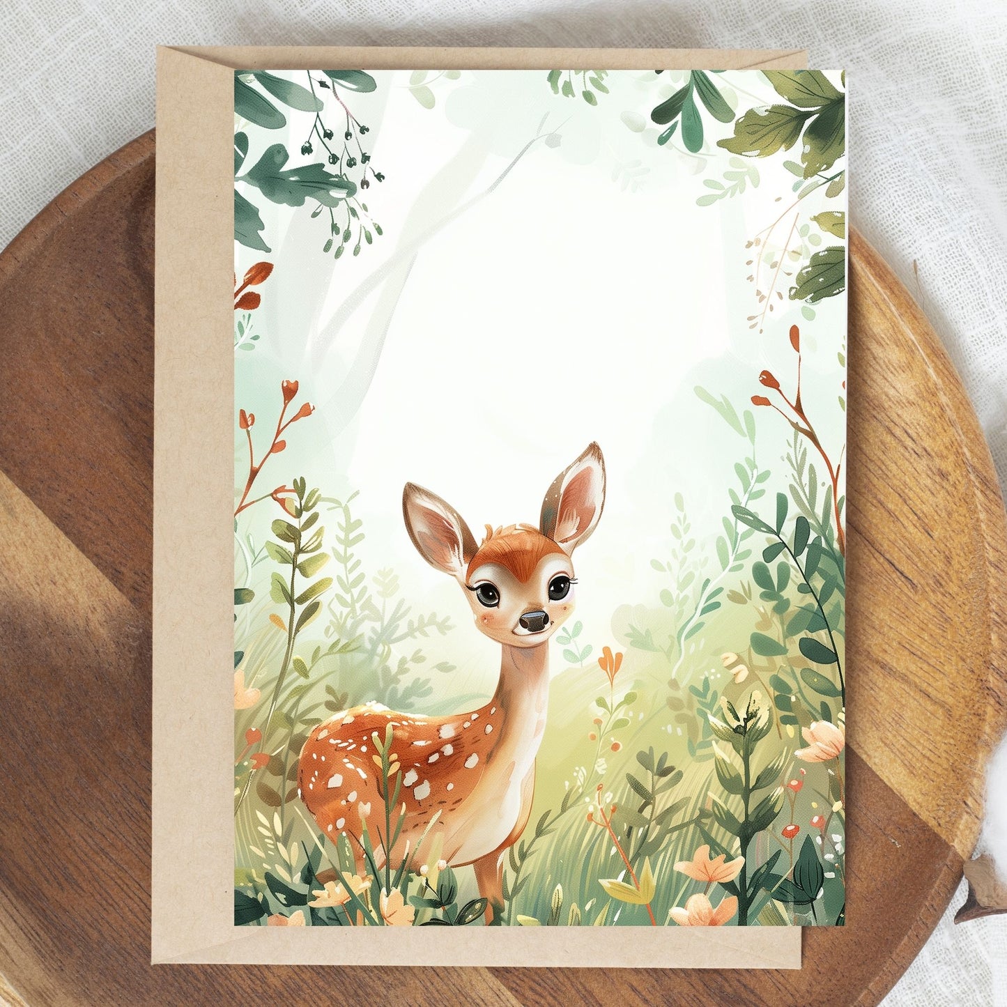 greeting card of a  deer in a beautiful forest