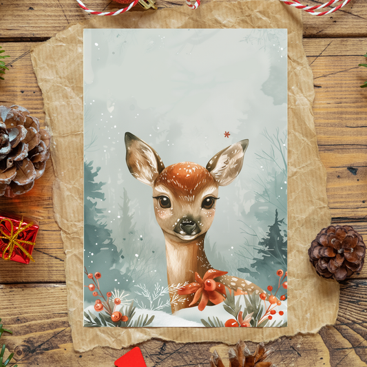 greeting card of a Deer in a snowy forest