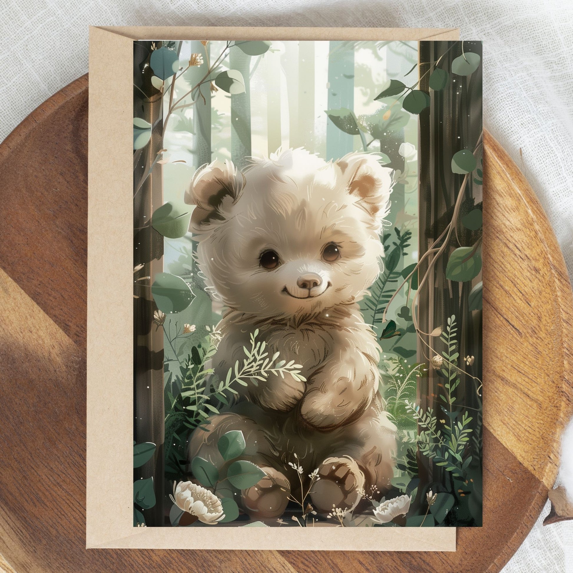 greeting card of a Woodland Bear exploring the forest