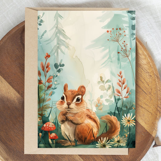 greeting card of a chipmunk exploring the forest