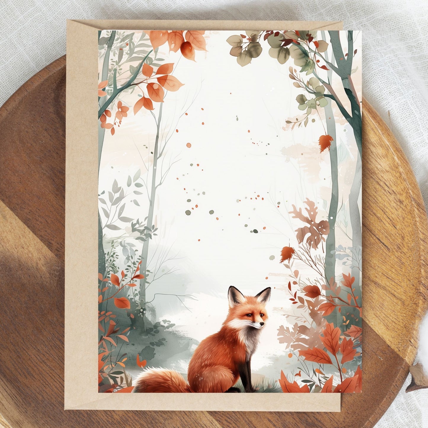 greeting card of a fox enjoying enchanted forest