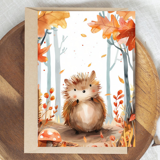 greeting card of a Hedgehog exploring enchanted forest