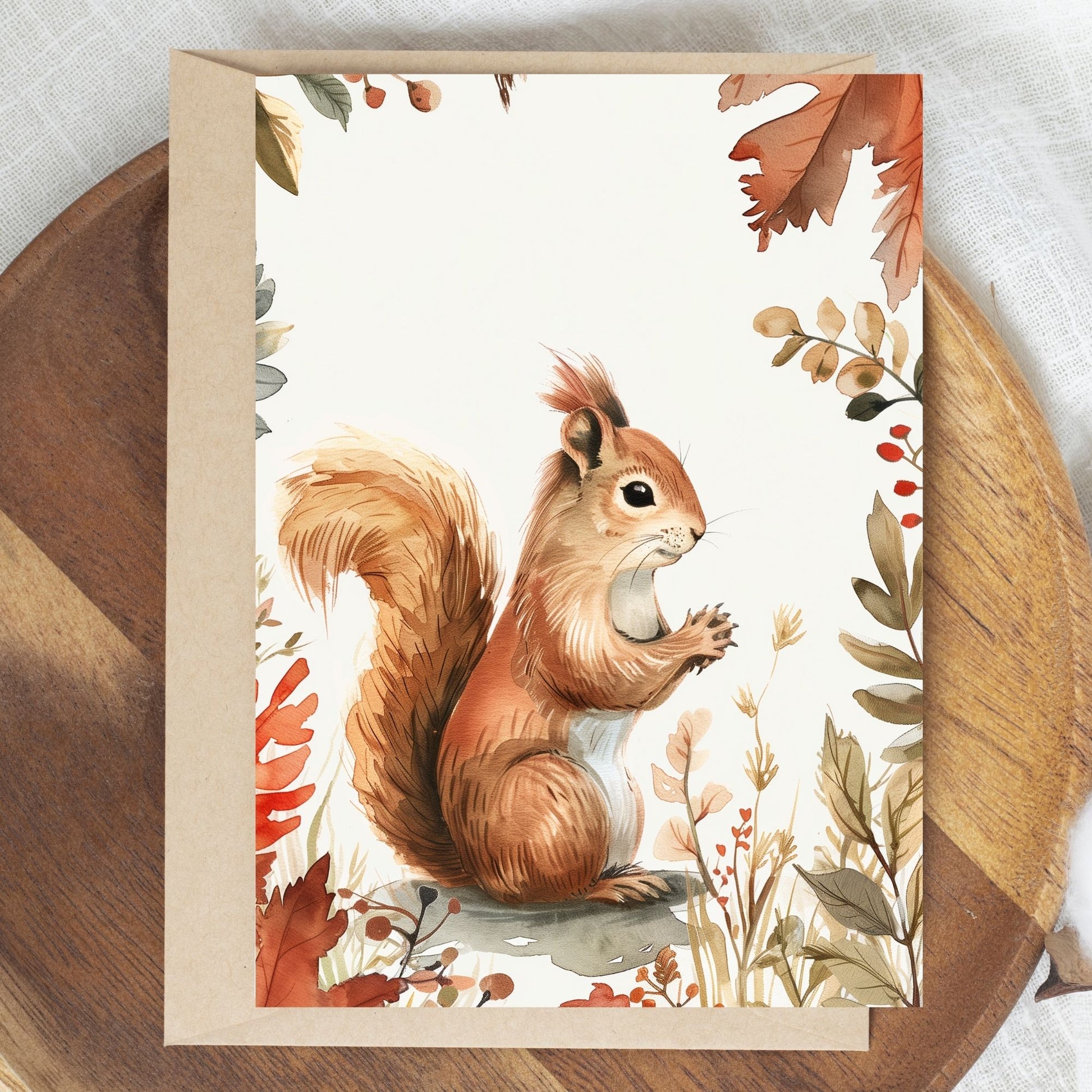 greeting card of a squirrel exploring enchanted forest