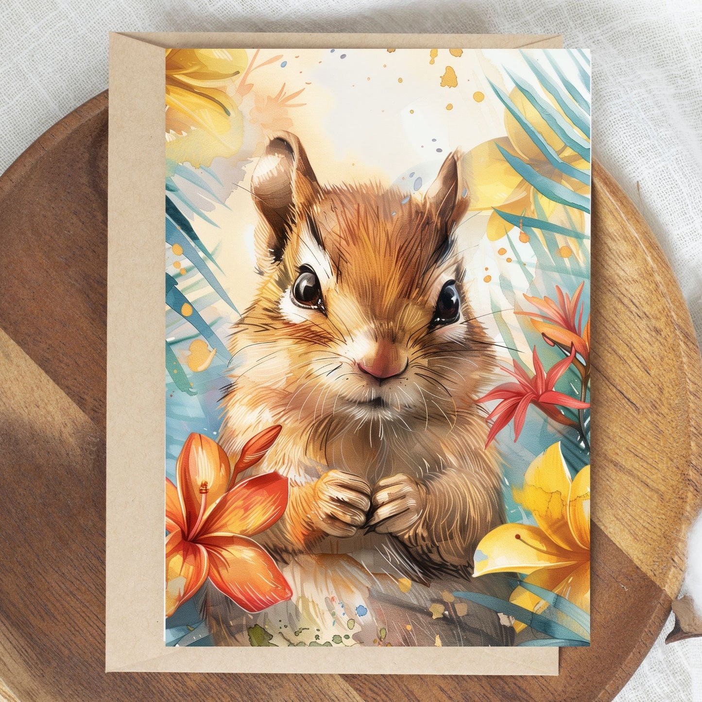 greeting card of a chipmunk exploring tropical paradise