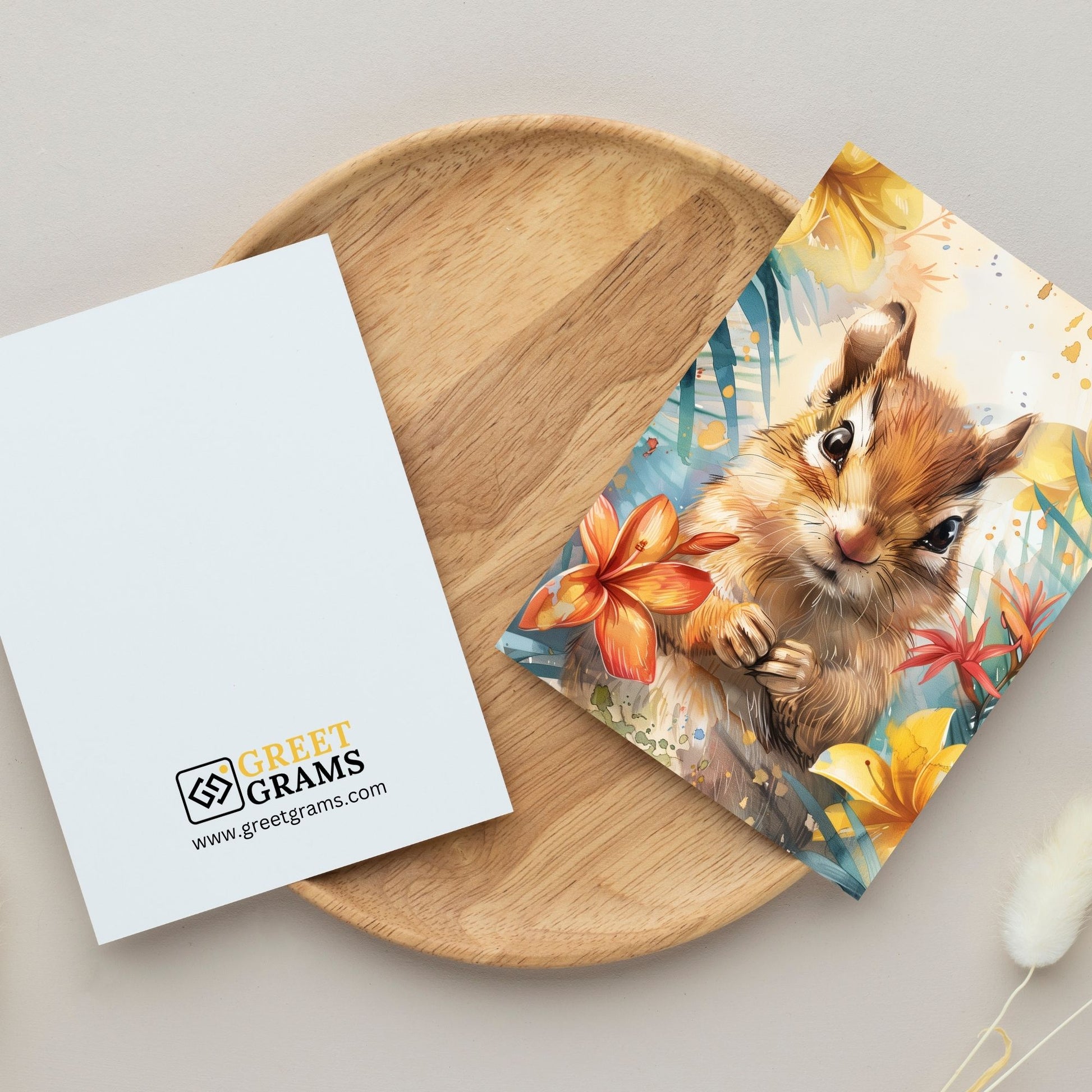 greeting card of a chipmunk exploring tropical paradise in grey background