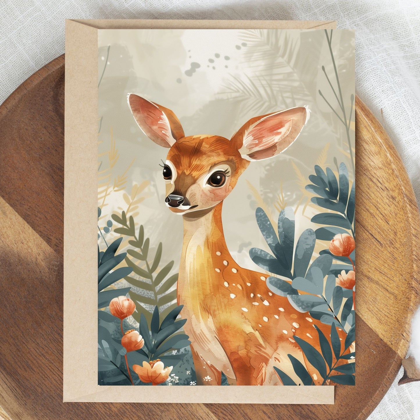 greeting card of a charming deer at tropical paradise