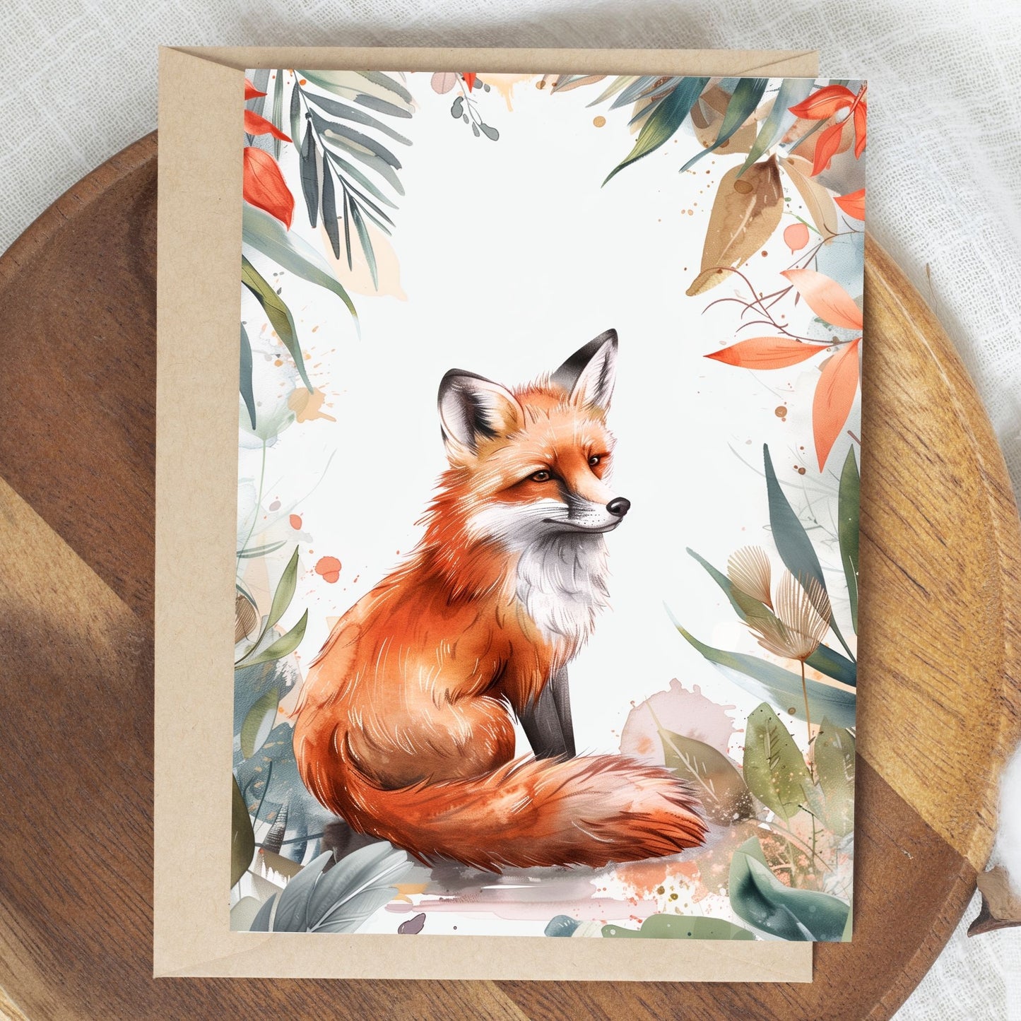 greeting card of a fox enjoying at tropical paradise