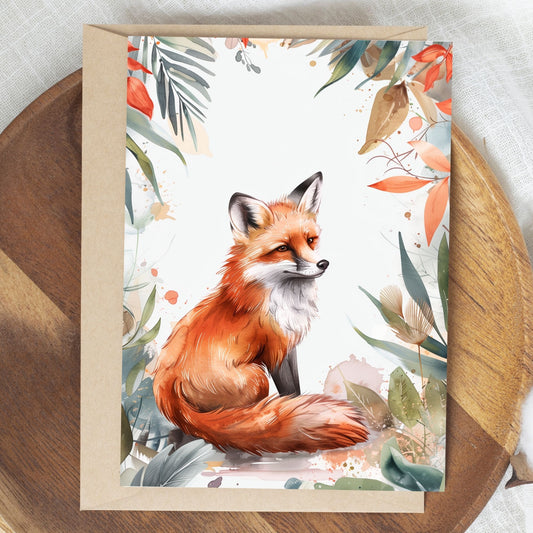 greeting card of a fox enjoying at tropical paradise