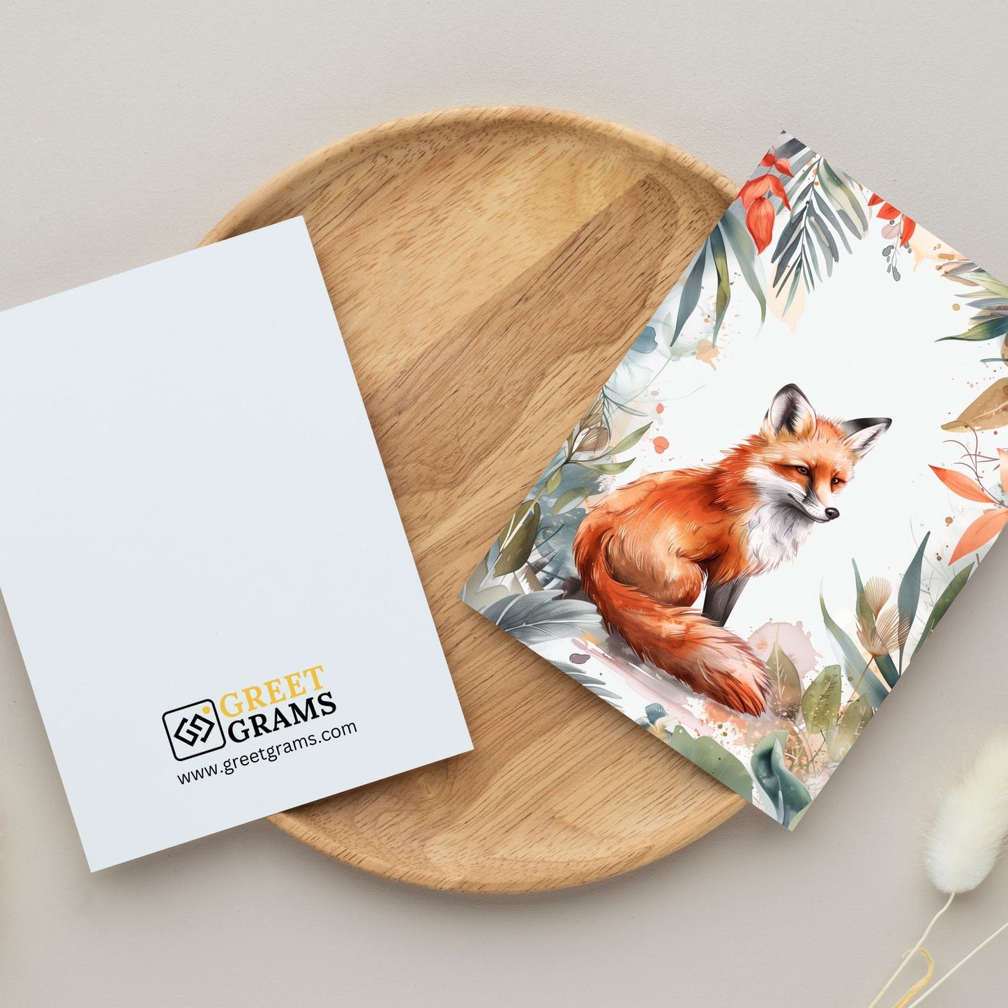 greeting card of a fox enjoying at tropical paradise in the grey background