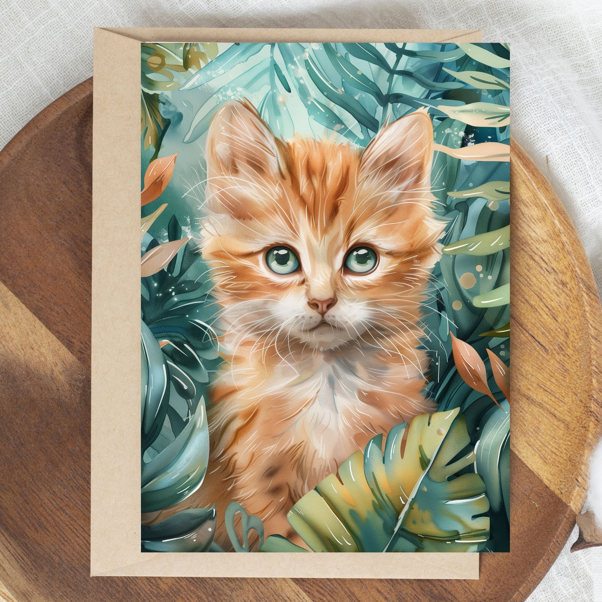 greeting card of a kitten reveling in the tropical scenery