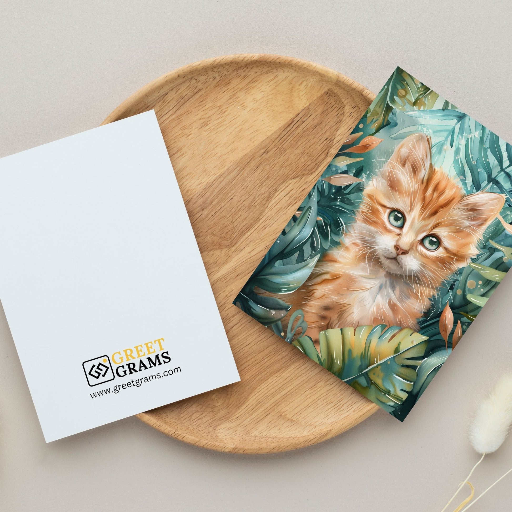 greeting card of a kitten reveling in the tropical scenery in the grey background