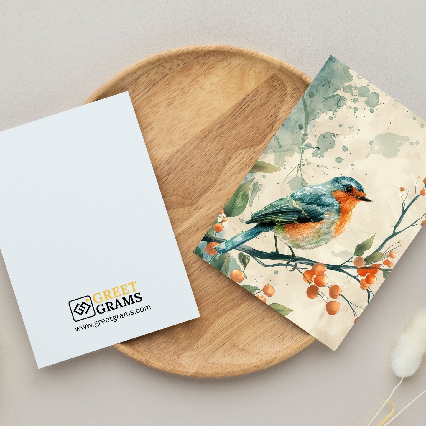 greeting card of a  songbird enjoying at tropical island in the grey background