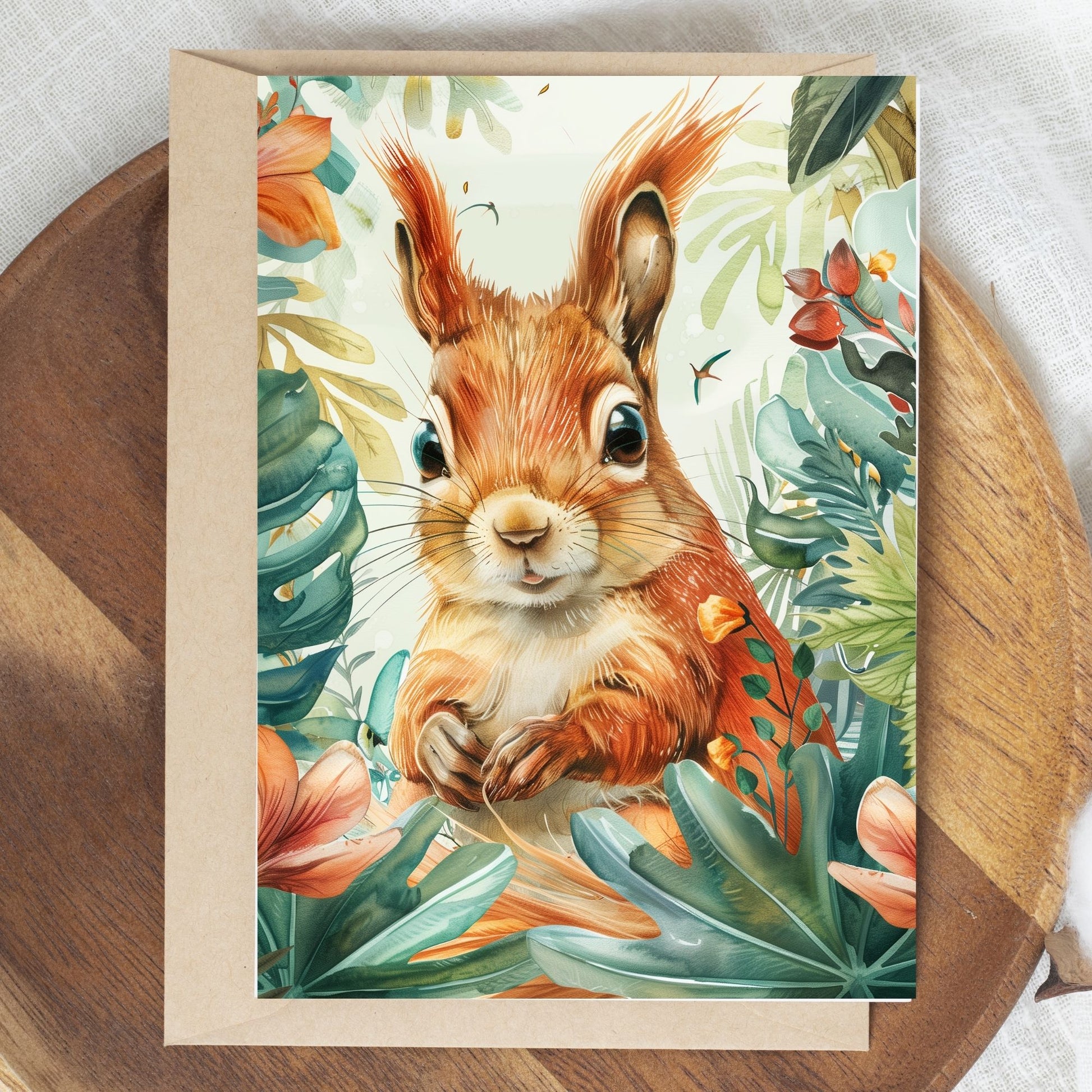 greeting card of a squirrel reveling in the tropical scenery