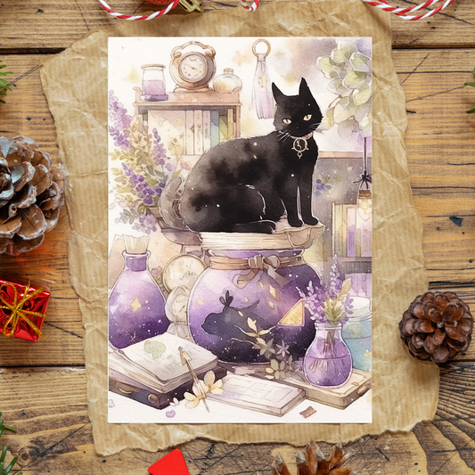 greeting card of a cat casting spells and mixing potions in a witch's lab.