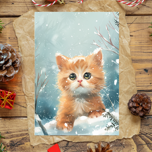 greeting card of a  Kitten playing in a winter wonderland