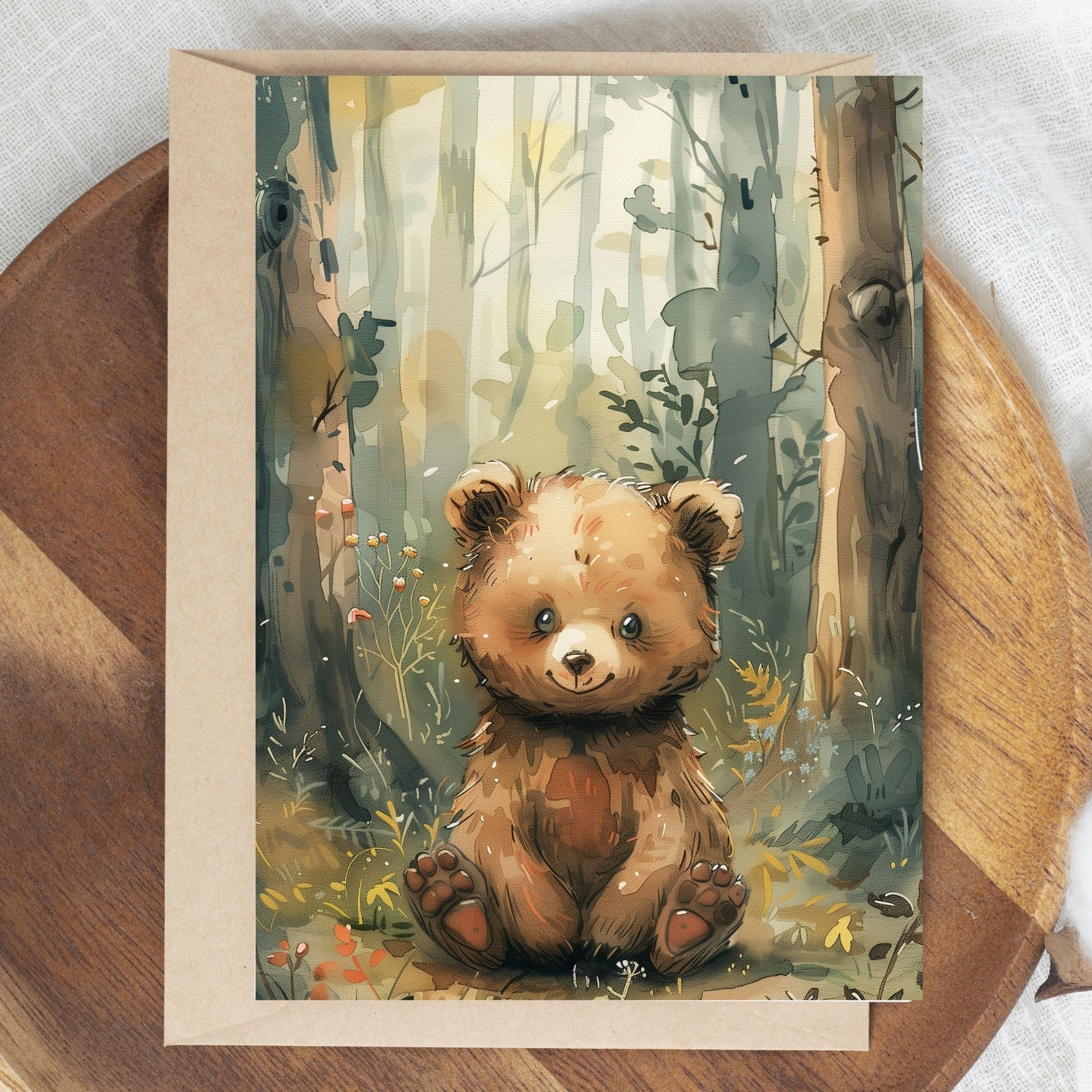 greeting card of a bear enjoying the natural beauty in forest