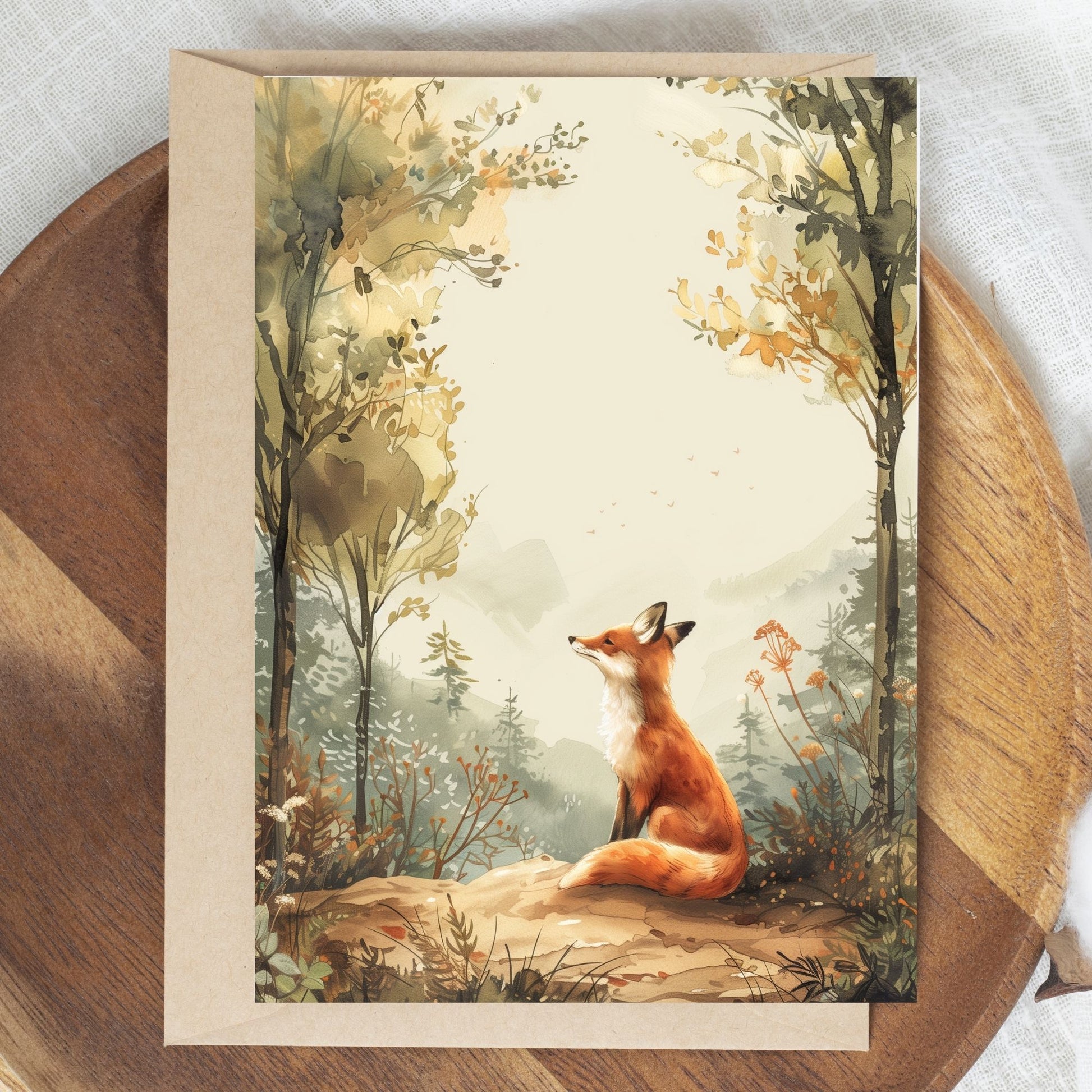 greeting card of a fox exploring the depths of a forest